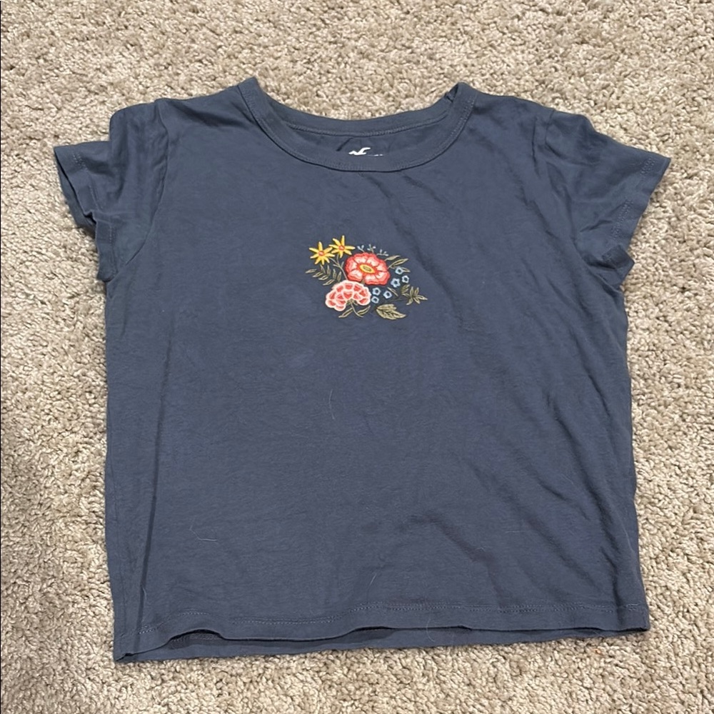 Hollister Soft Cotton Crop Top with Embroidered Floral Design
